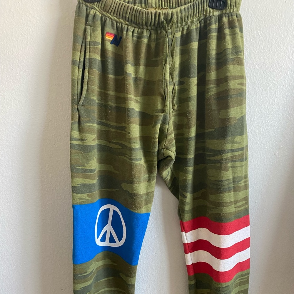 Aviator Nation camo peace/ flag sweatpants